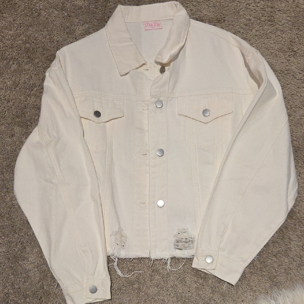 Pink Lily White Distressed Denim Jacket